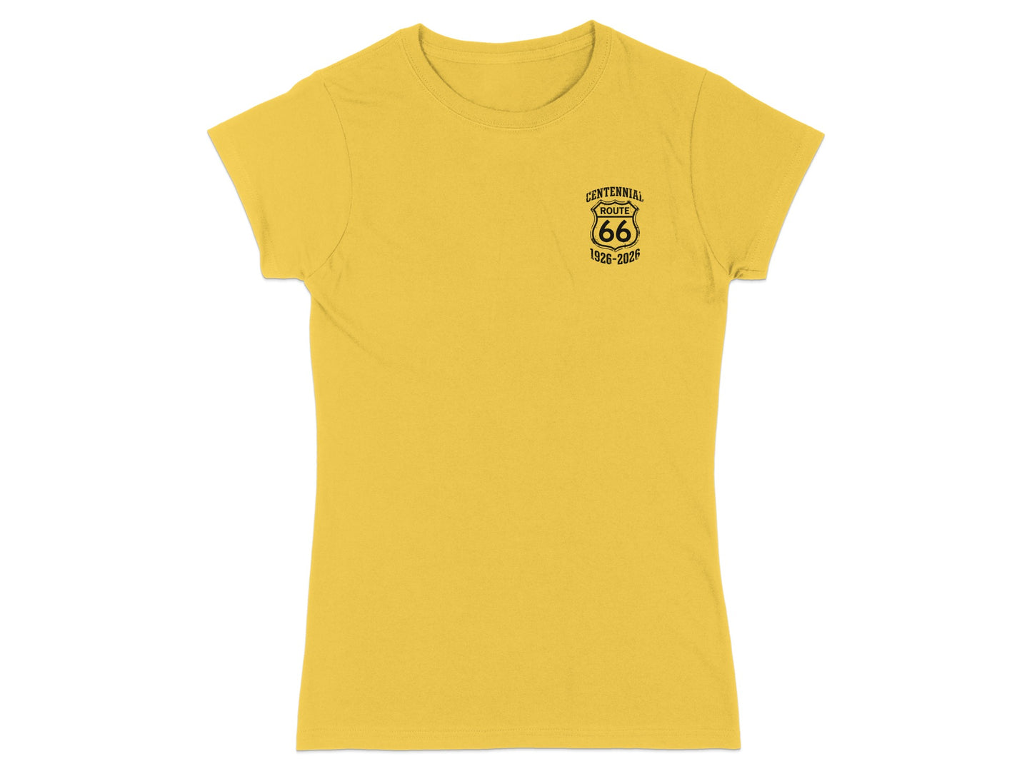 Yellow t-shirt with Route 66 Centennial 1926-2026 logo on the left chest.