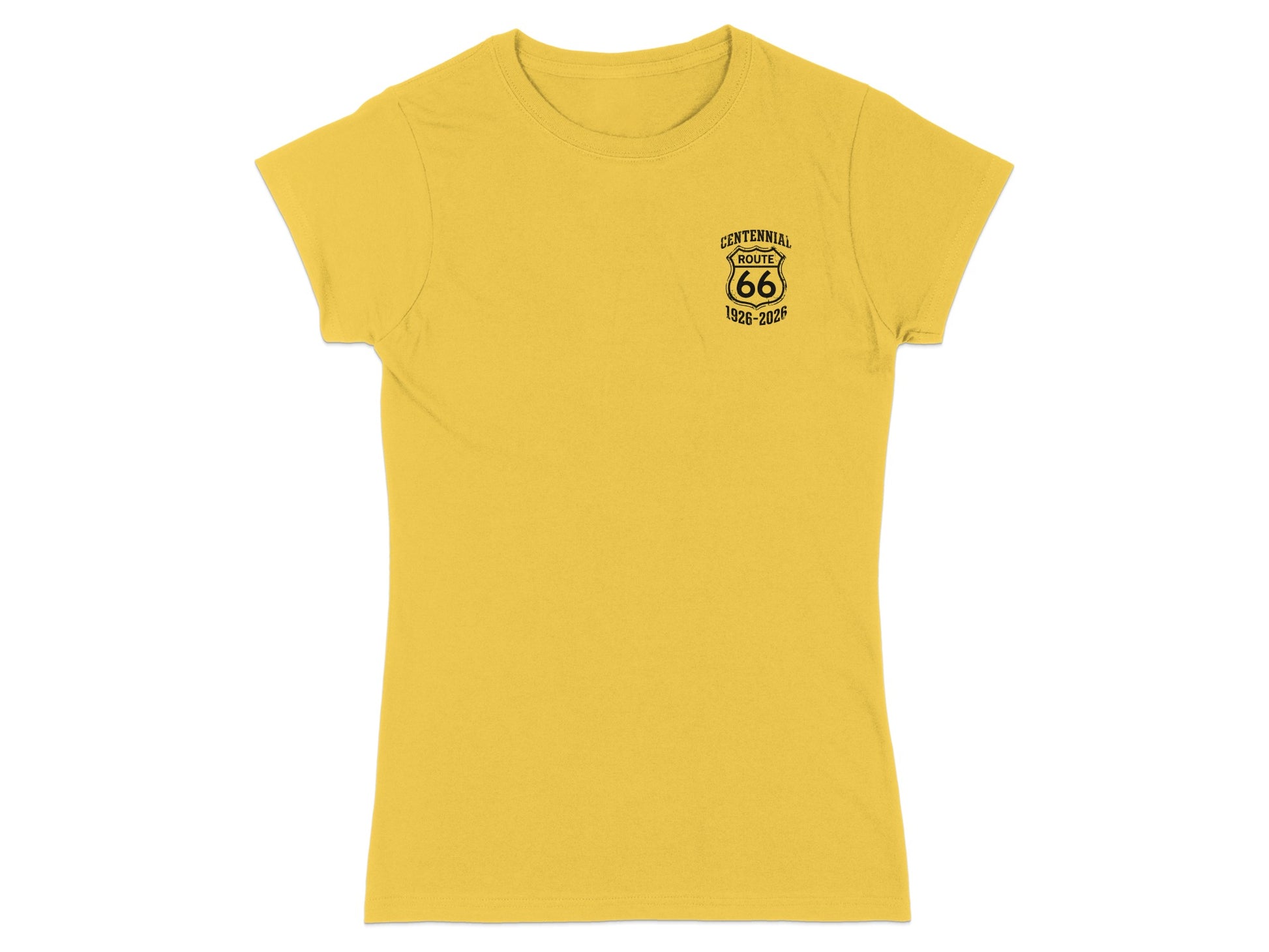 Yellow t-shirt with Route 66 Centennial 1926-2026 logo on the left chest.