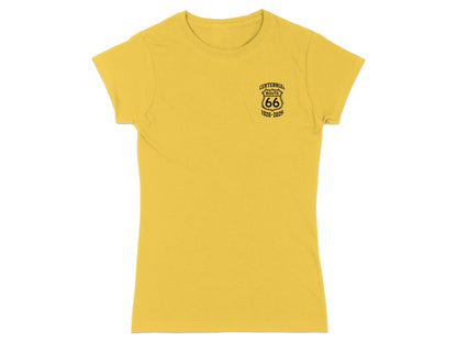 Yellow t-shirt with Route 66 Centennial 1926-2026 logo on the left chest.