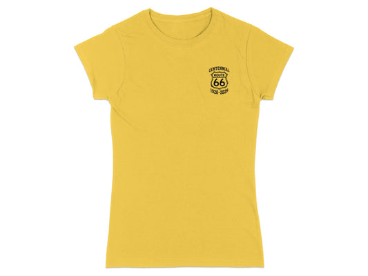 Yellow t-shirt with Route 66 Centennial 1926-2026 logo on the left chest.