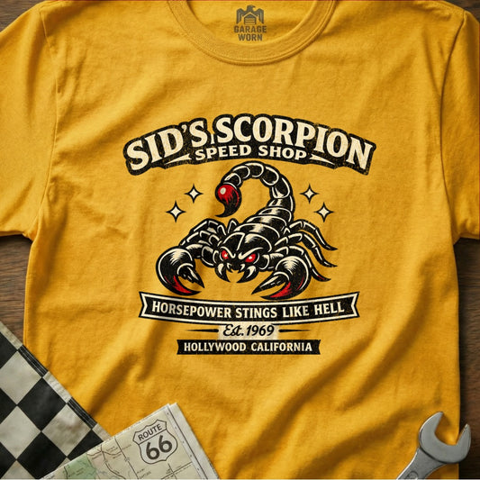 Sid's Scorpion Speed Shop Horsepower Stings Like Hell shirt