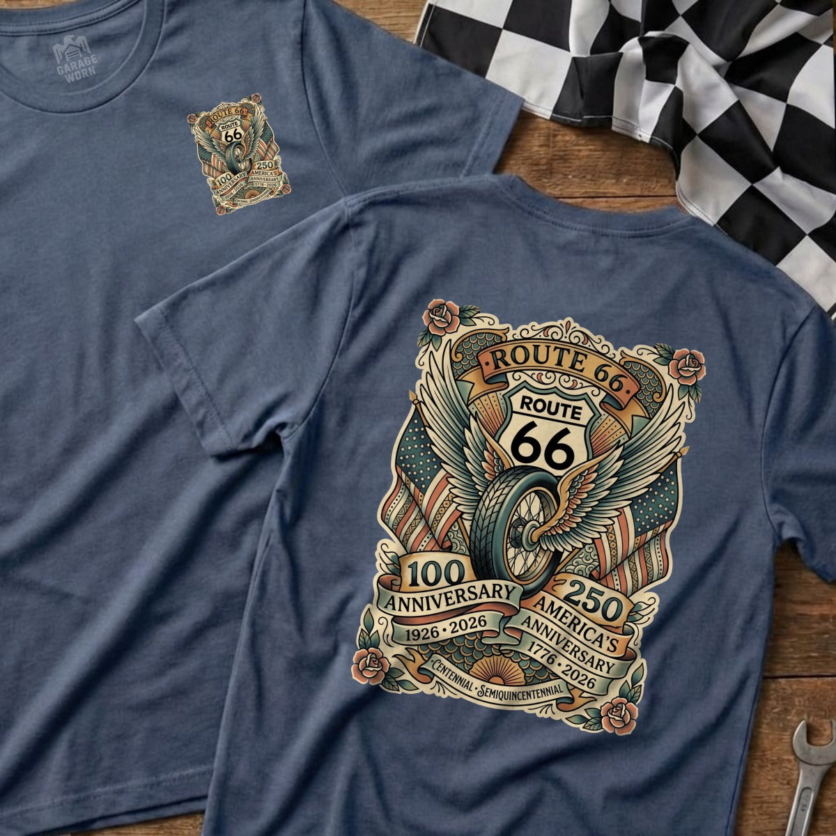 Blue t-shirt with Route 66 winged wheel graphic celebrating 100th and 250th anniversaries.