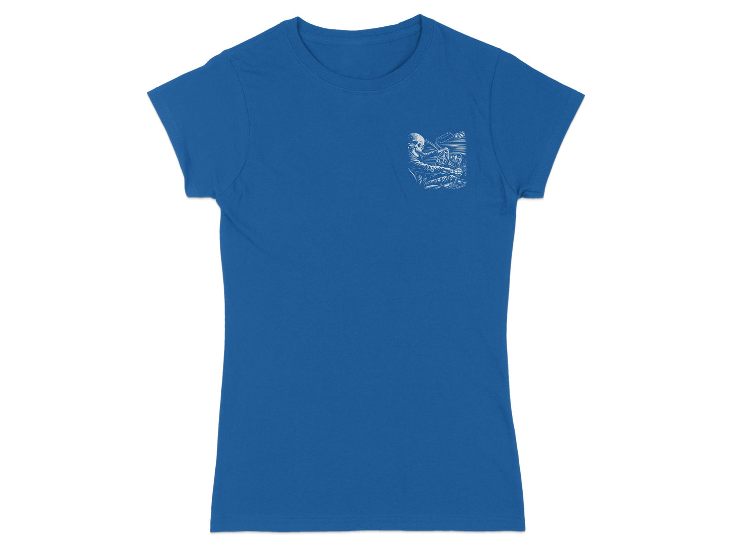 Blue t-shirt with a small black and white pocket print of a skeleton playing a piano.