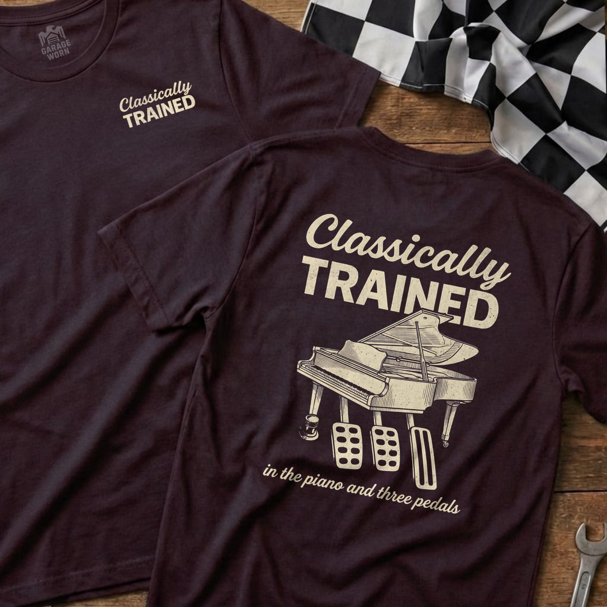 T-shirt with "Classically Trained" and a piano with three pedals.