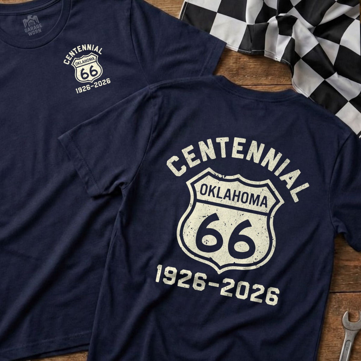 Navy t-shirt with "Centennial Oklahoma 66 1926-2026" on back.