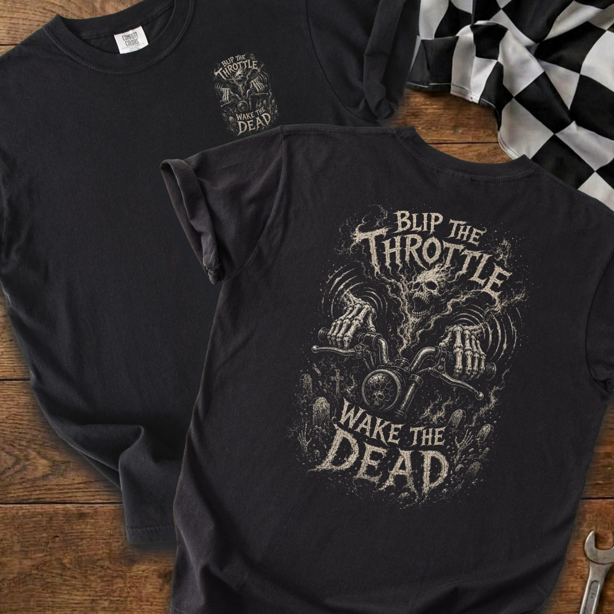 Black t-shirt with motorcycle skull graphic and text "Blip the Throttle Wake the Dead".