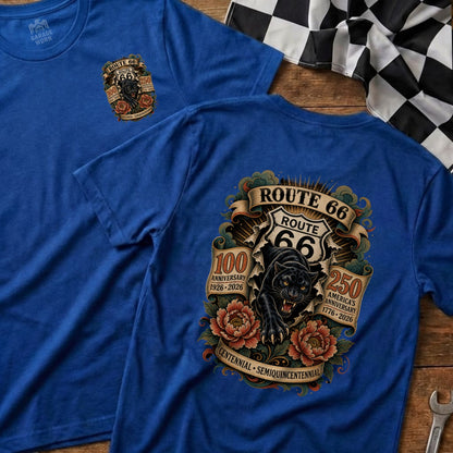 Blue t-shirt with Route 66 centennial design featuring a black panther and floral accents.