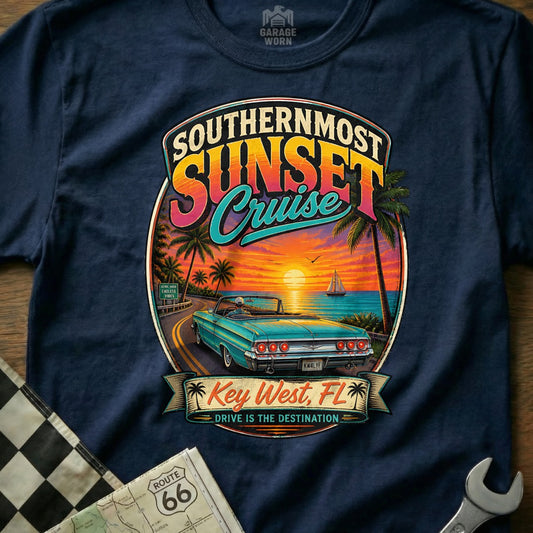 Southernmost Sunset Cruise graphic with Key West, FL text and vintage car.