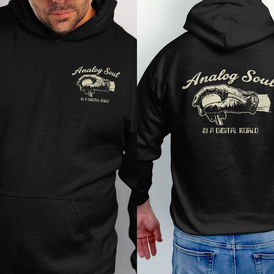 Black hoodie with "Analog Soul in a Digital World" text and graphic on the back.
