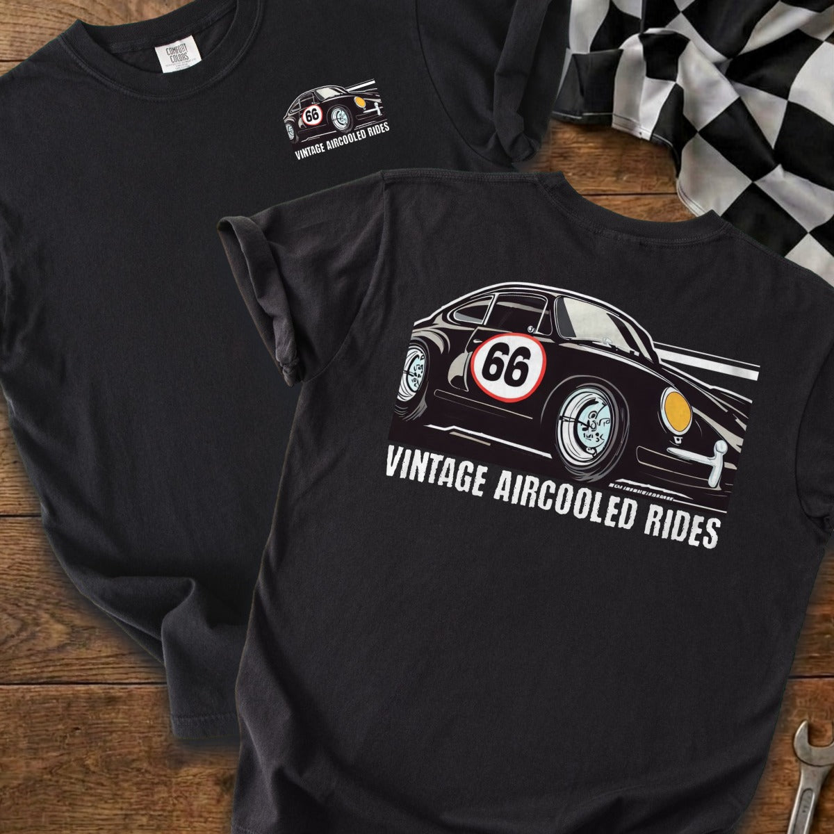 Black t-shirt with graphic of vintage Porsche 911 and text "VINTAGE AIRCOOLED RIDES."