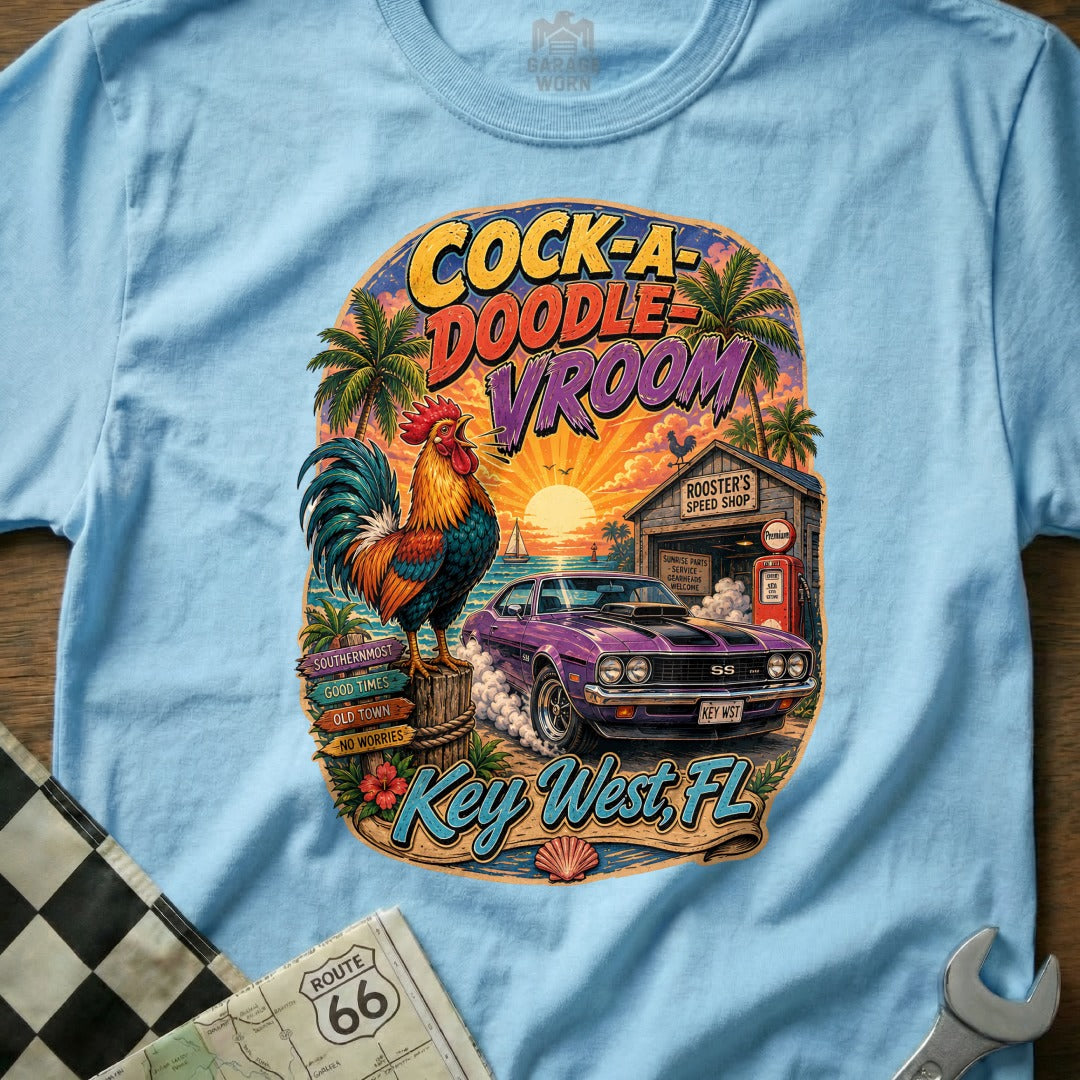 Cock-a-Doodle Vroom Key West FL graphic with rooster, purple car, and speed shop.