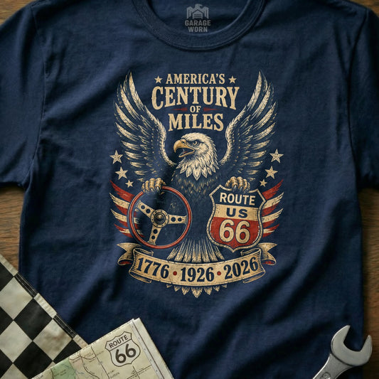 Eagle with Route 66 shield and steering wheel, "America's Century of Miles."