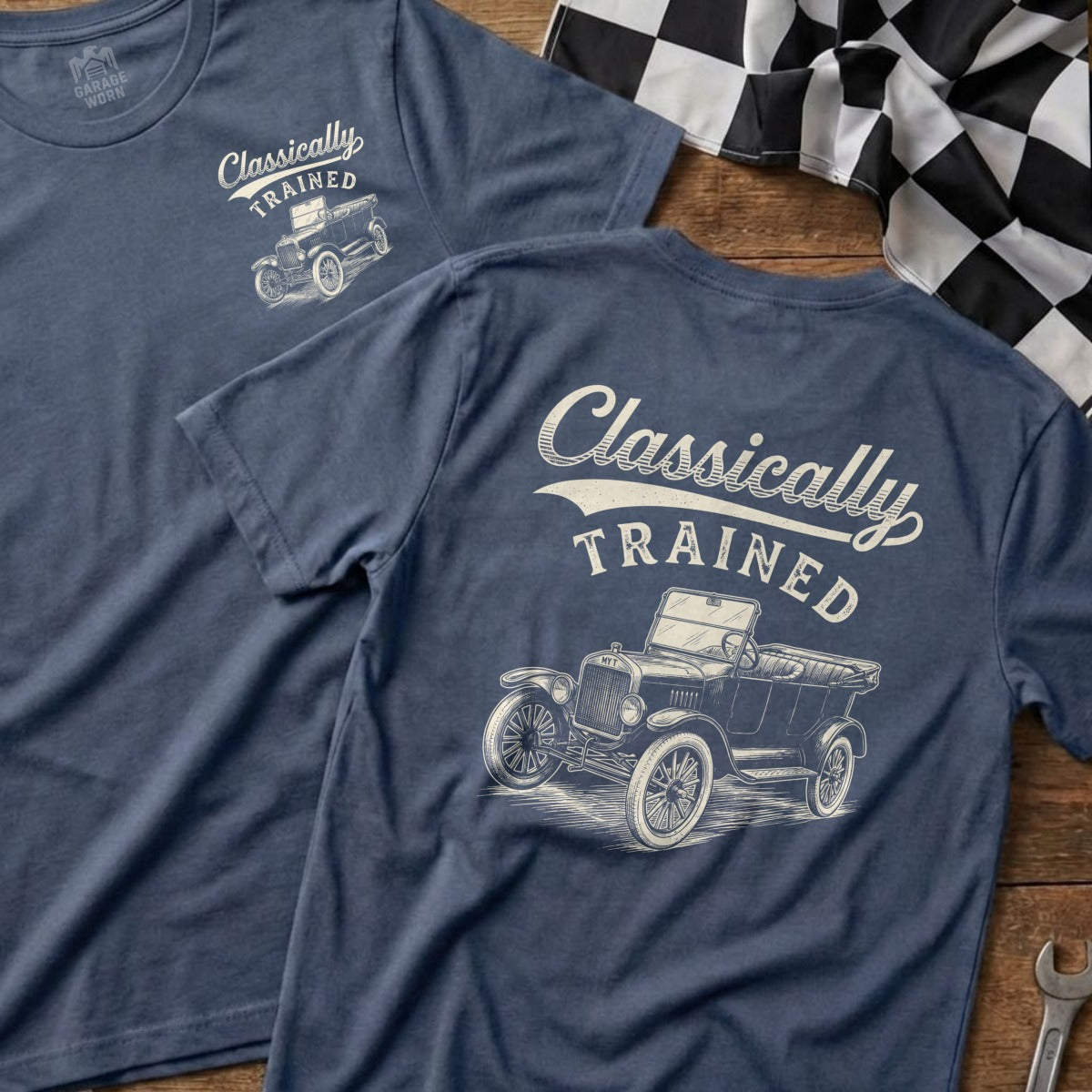 Blue t-shirt with "Classically Trained" and a vintage car illustration.