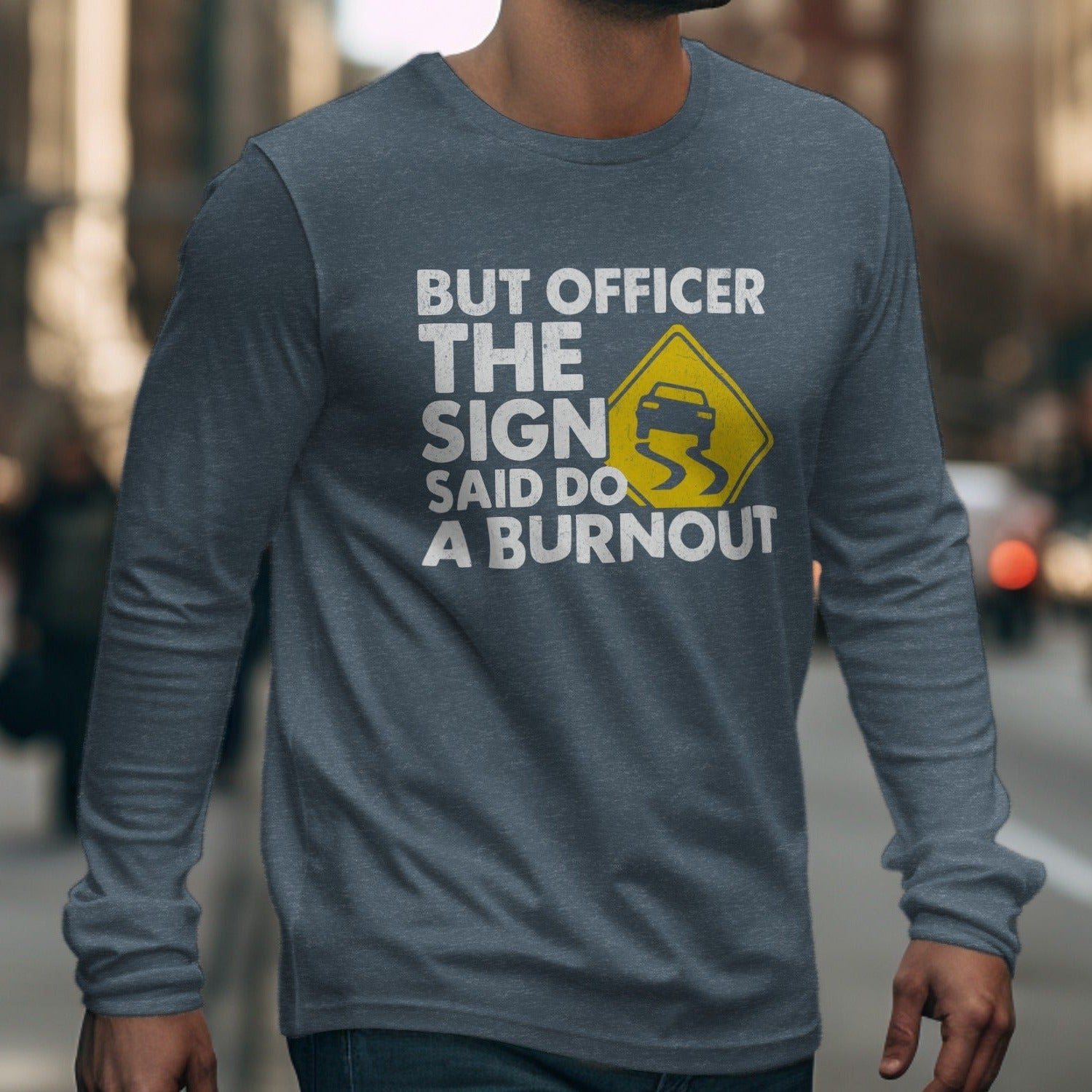 Long sleeve dark grey shirt with white text and yellow slippery road sign.
