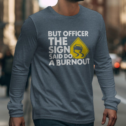 Long sleeve dark grey shirt with white text and yellow slippery road sign.