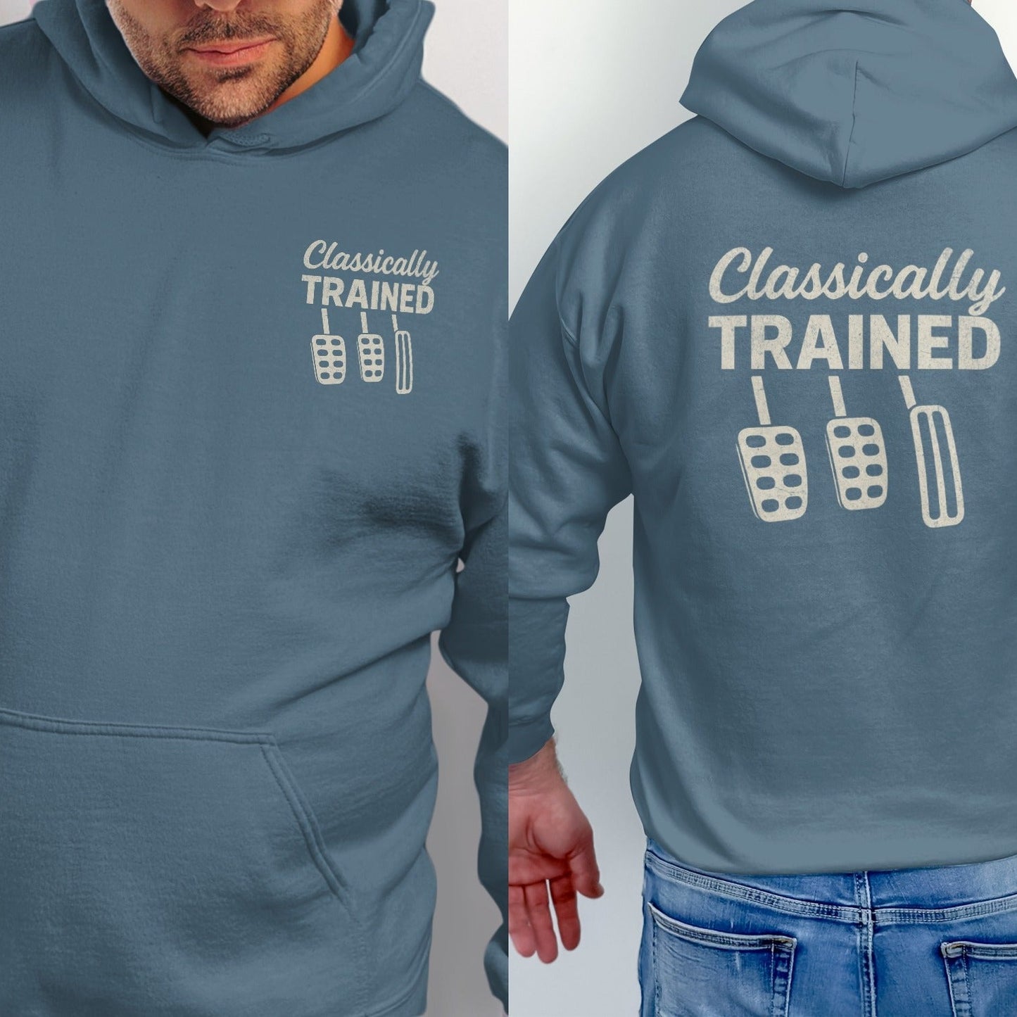 Blue hoodie with "Classically TRAINED" and three manual car pedals design.
