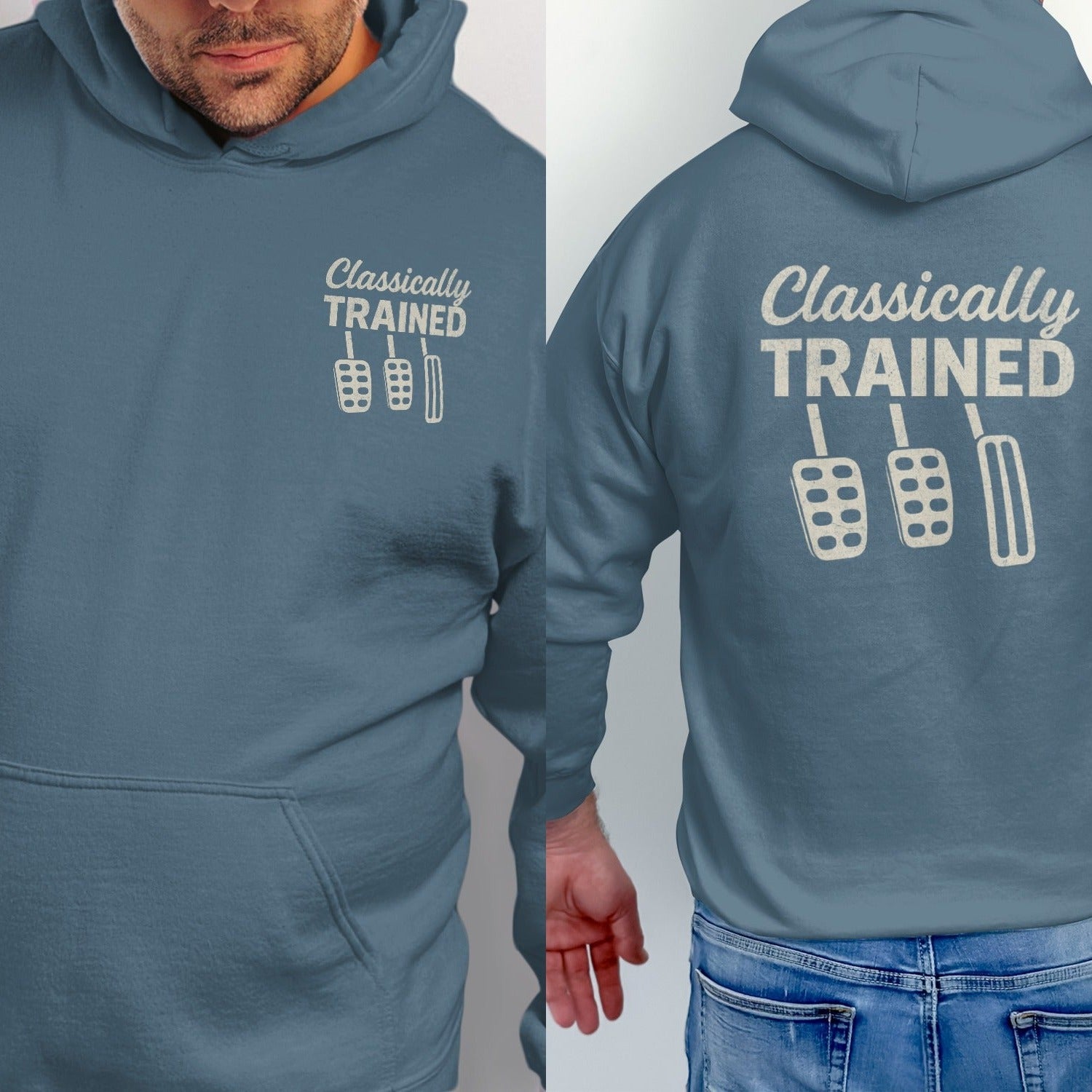 Blue hoodie with "Classically TRAINED" and three manual car pedals design.
