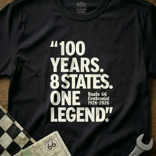 Black t-shirt with "100 Years. 8 States. One Legend!" Route 66 text.