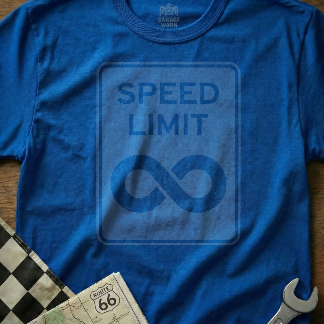 Speed Limit Infinity Sign on Blue T-Shirt