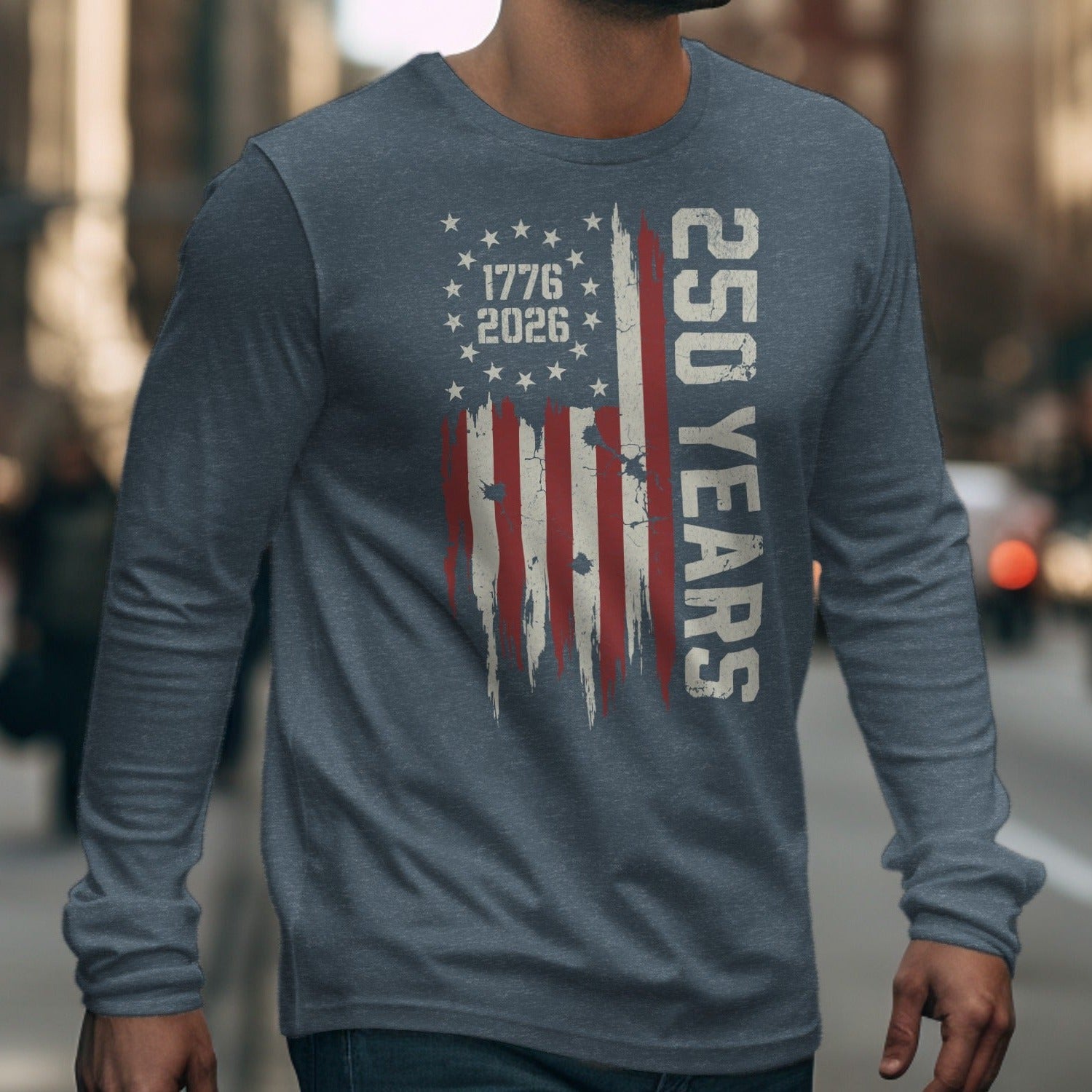 Long sleeve shirt with distressed US flag design and text 1776, 2026, 250 YEARS.