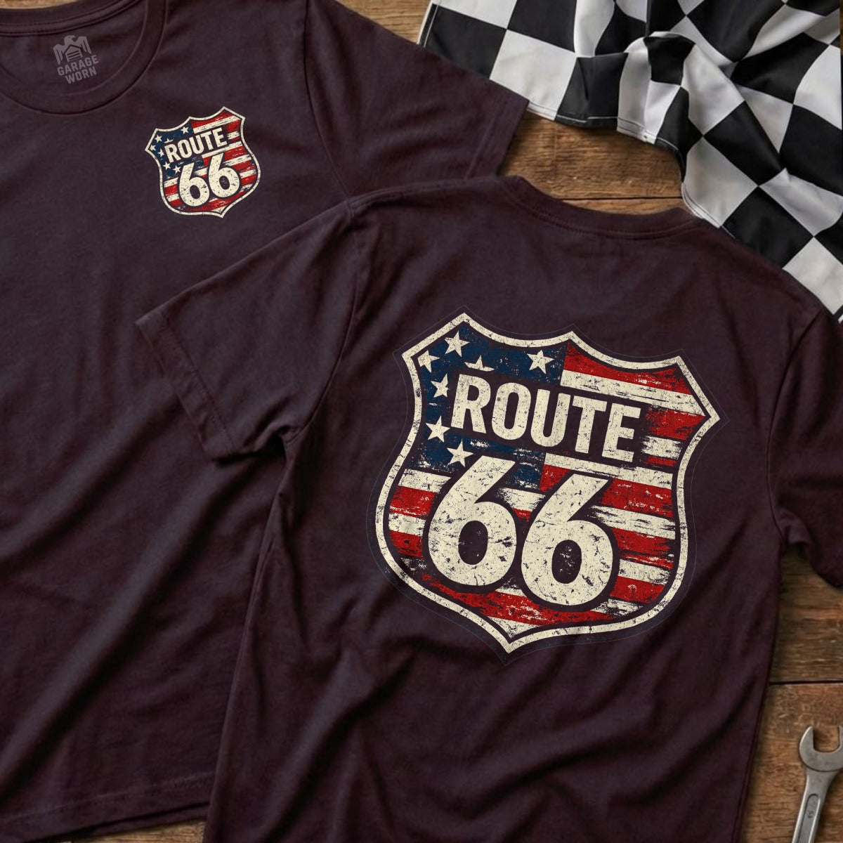 Two maroon t-shirts with a distressed Route 66 shield logo.