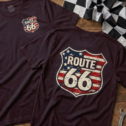 Two maroon t-shirts with a distressed Route 66 shield logo.