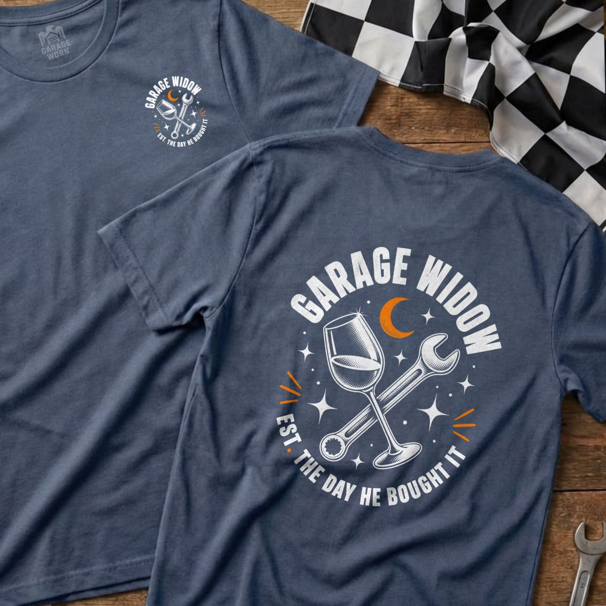 Dark blue t-shirts with "Garage Widow" graphic featuring a wine glass and wrench.