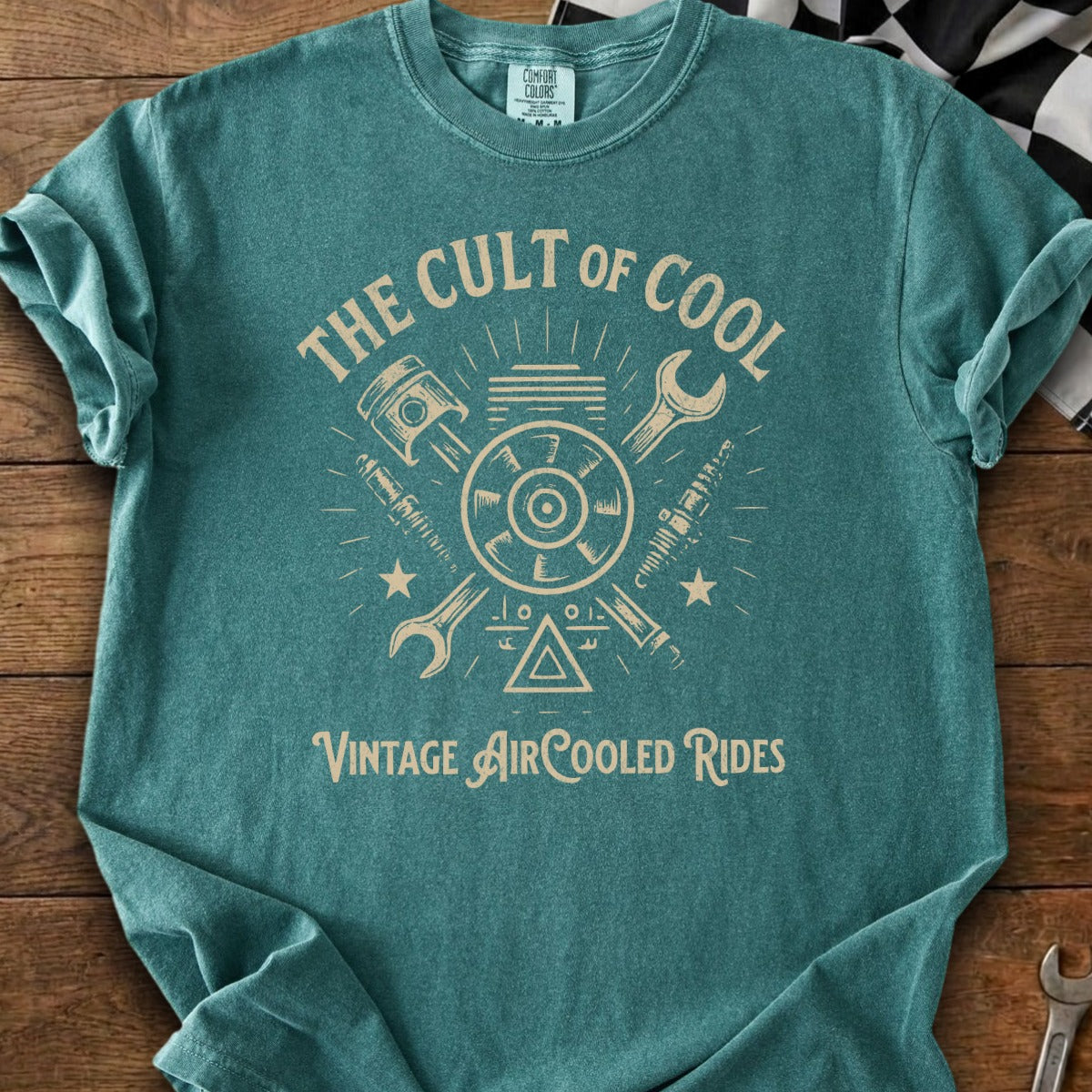 Teal t-shirt with "The Cult of Cool Vintage Air Cooled Rides" graphic.