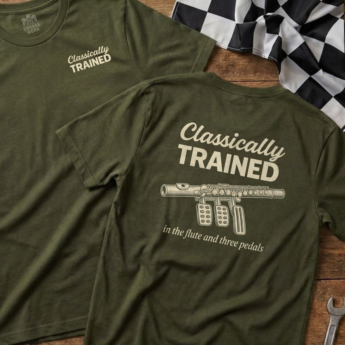 Green t-shirt with "Classically Trained" and a flute with three pedals.