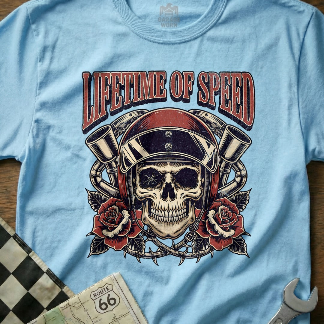 Lifetime of Speed Skull Racer Graphic Art T-shirt