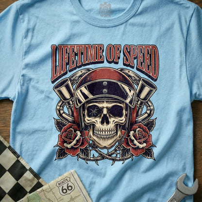 Lifetime of Speed Skull Racer Graphic Art T-shirt