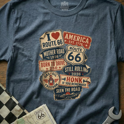 Graphic tee featuring "Route 66" and vintage American road sign designs.