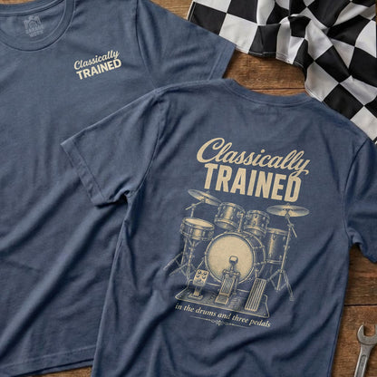 Dark blue t-shirt with "Classically Trained" and drum set illustration.