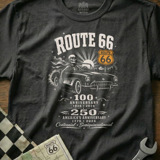 T-shirt graphic with skeleton driving classic car, Route 66, and anniversary dates.
