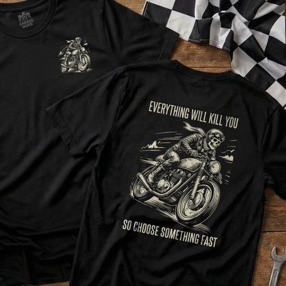 Black t-shirt with a graphic of a skeleton riding a motorcycle and text.