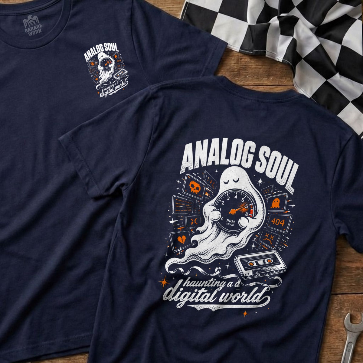 Navy t-shirt with ghost and "ANALOG SOUL haunting a digital world" graphic.