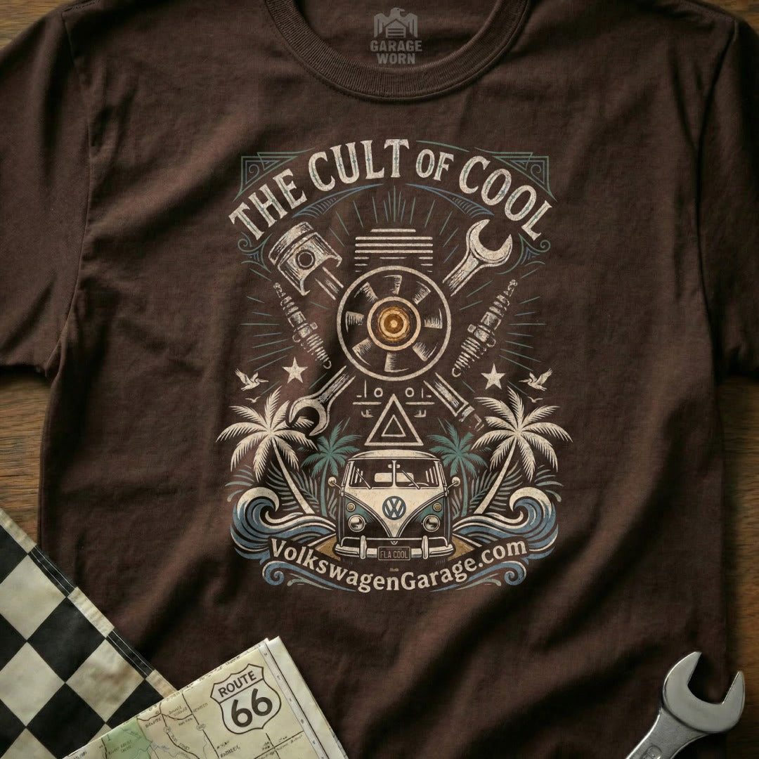 Brown t-shirt with "The Cult of Cool" text and a vintage Volkswagen van graphic.