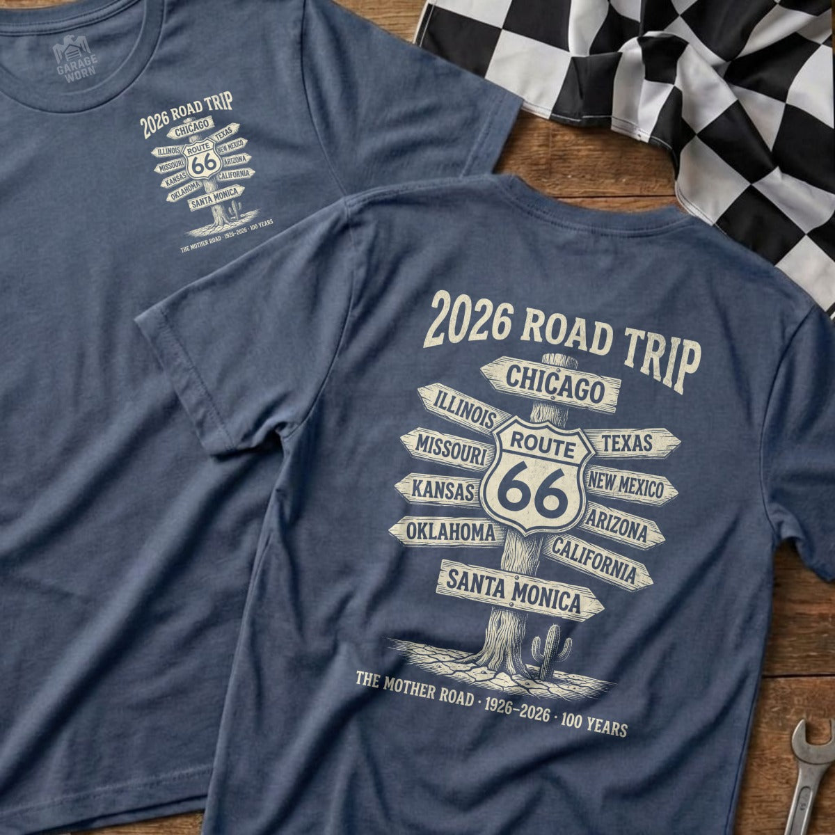 Blue t-shirt with "2026 Road Trip" and Route 66 destinations.