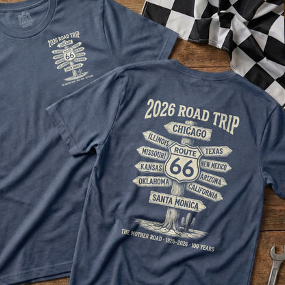 Blue t-shirt with "2026 Road Trip" and Route 66 destinations.