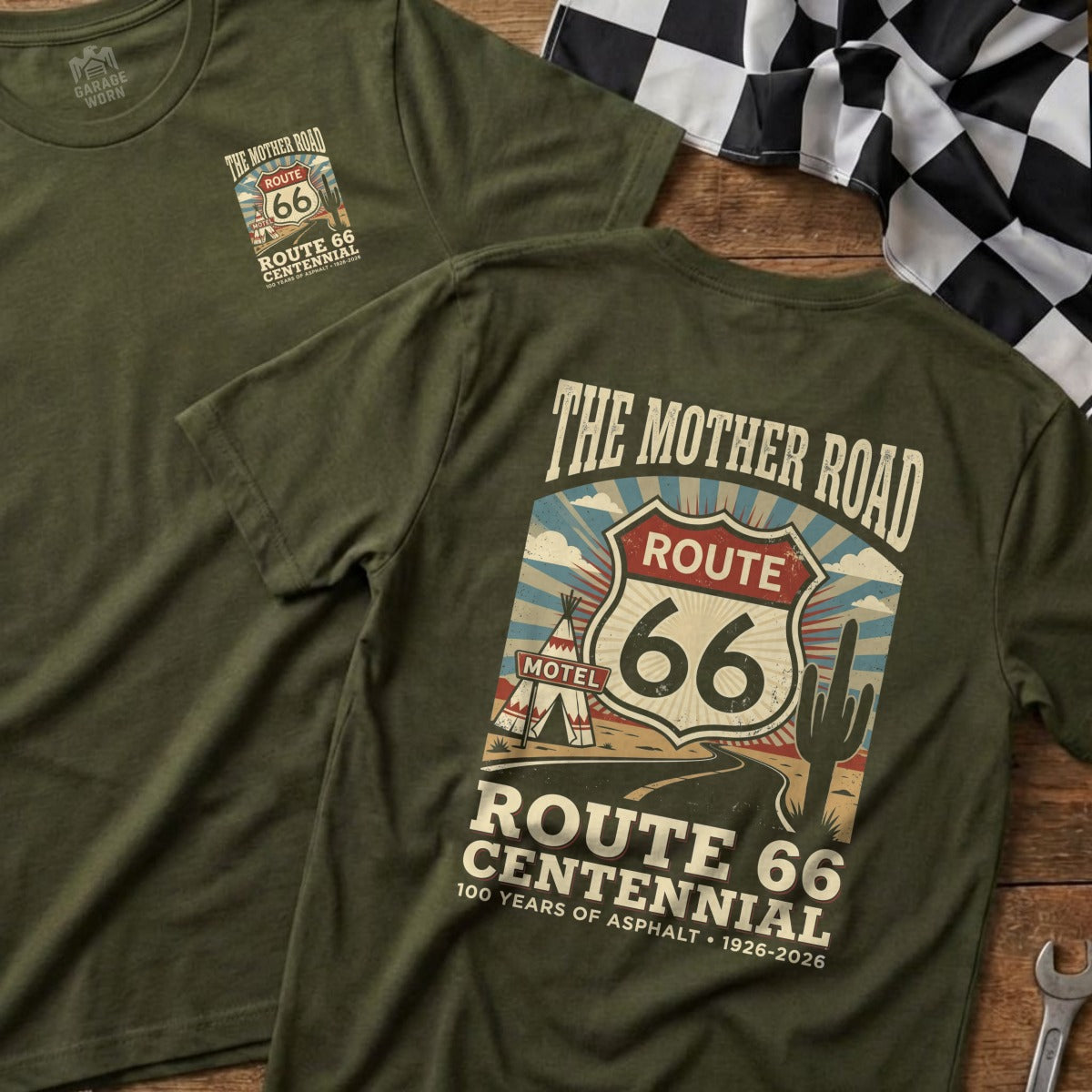 Olive green t-shirt with Route 66 Centennial graphic and text.