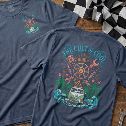Blue t-shirts with "The Cult of Cool" graphic featuring vintage van, tools, and palm trees.