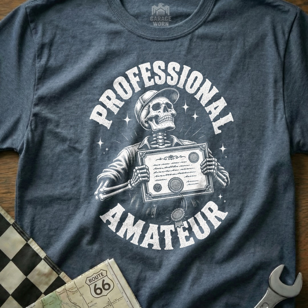 Skeleton wearing cap holds certificate with "PROFESSIONAL AMATEUR" text.