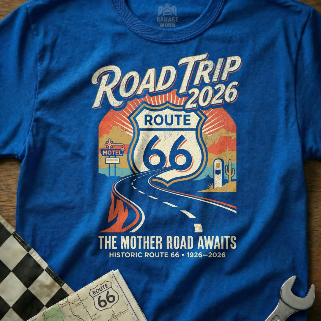 Road Trip 2026 Route 66 graphic t-shirt with "The Mother Road Awaits" text.