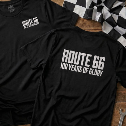 Black t-shirts with "Route 66 100 Years of Glory" text.