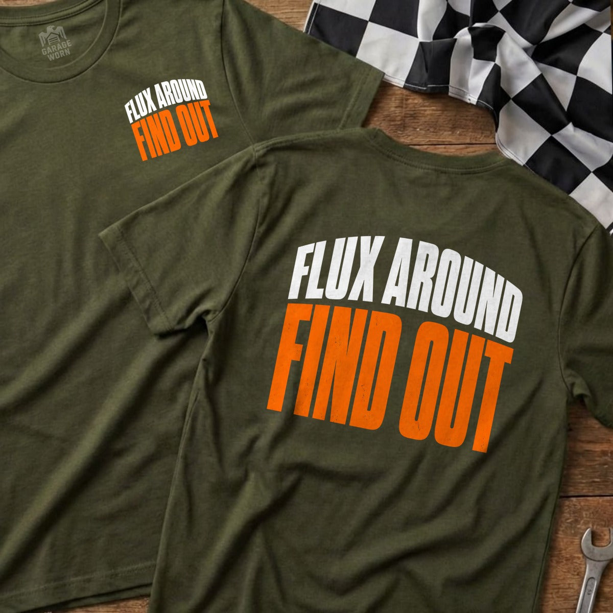 Green t-shirts with "FLUX AROUND FIND OUT" text in white and orange.