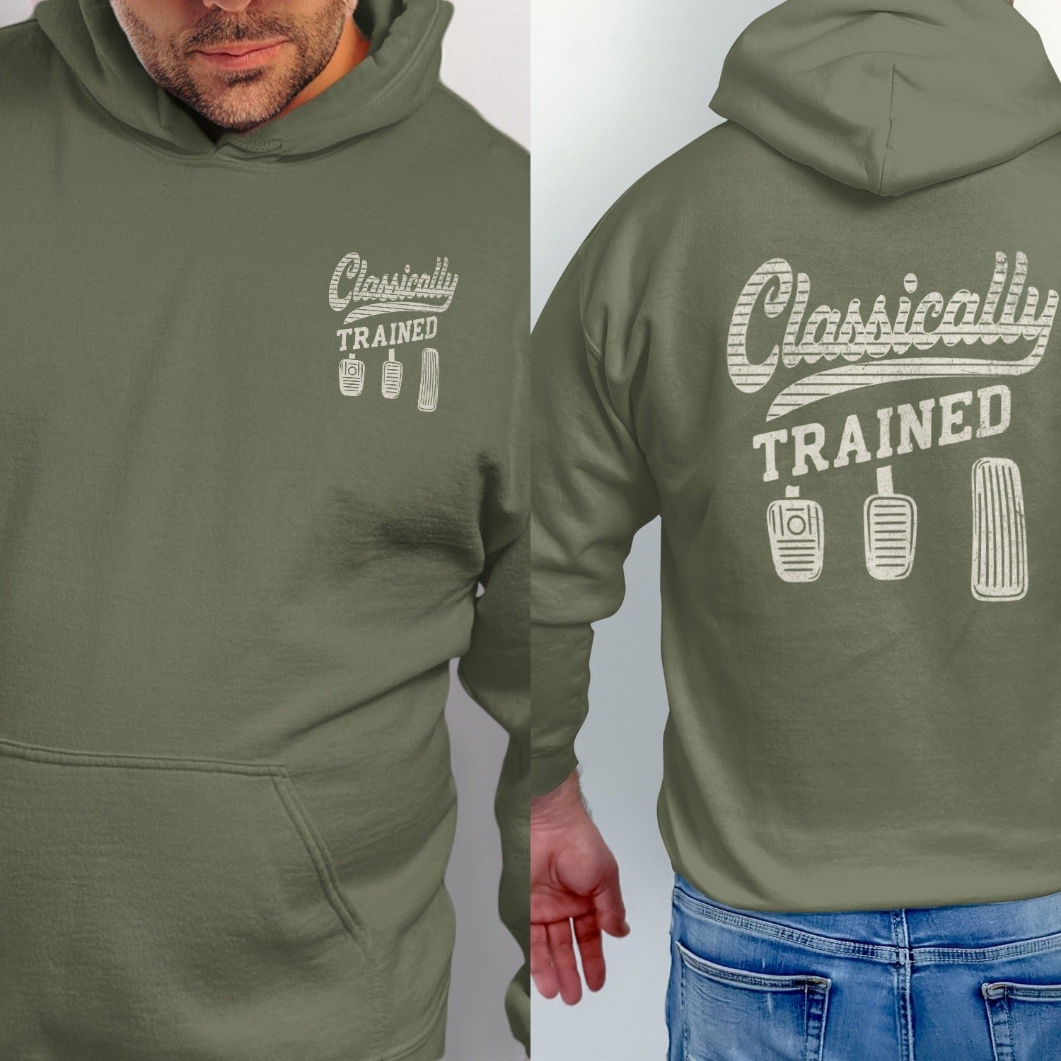 Olive green hoodie with "Classically TRAINED" and three car pedals graphic.