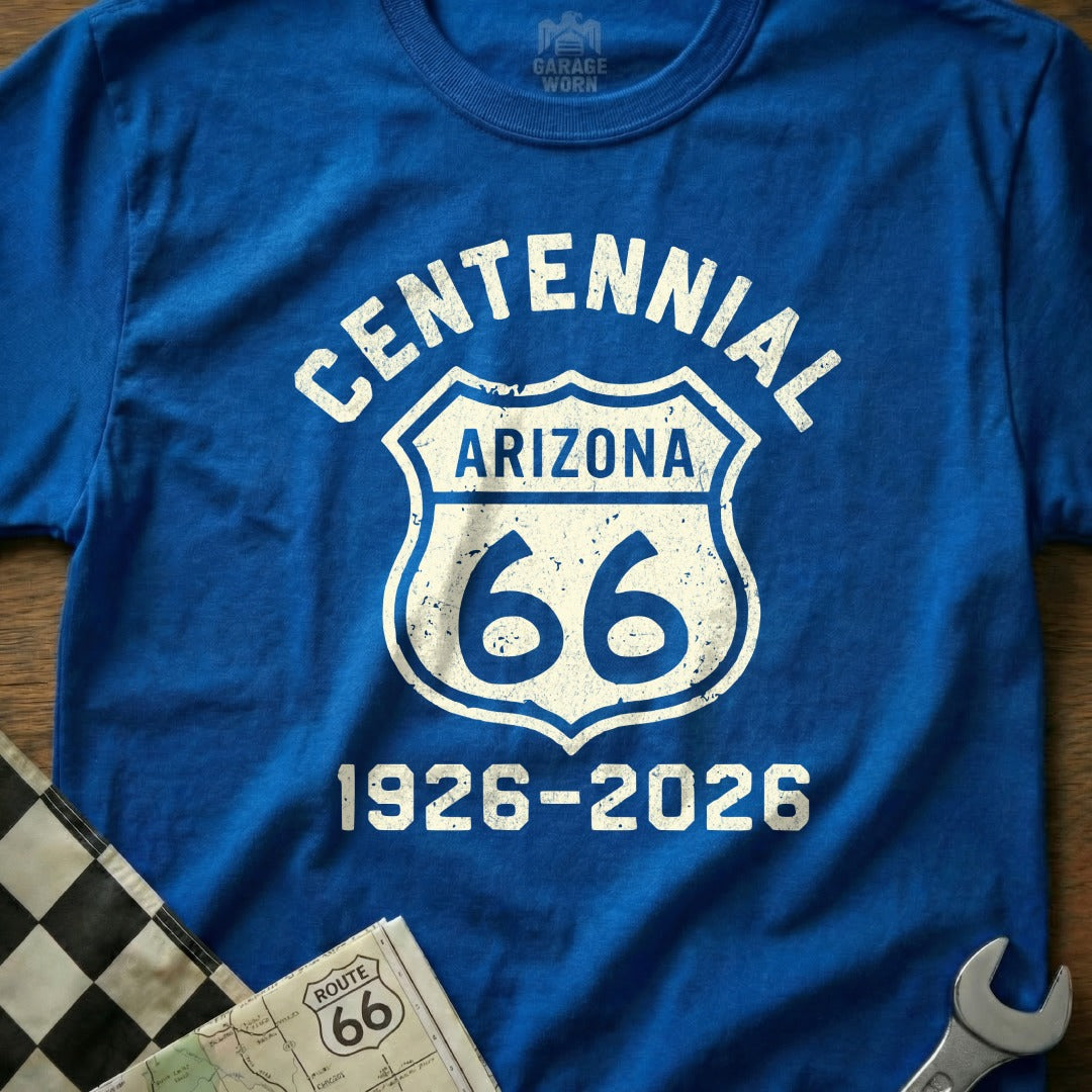 Blue t-shirt with "Centennial Arizona 66 1926-2026" text.