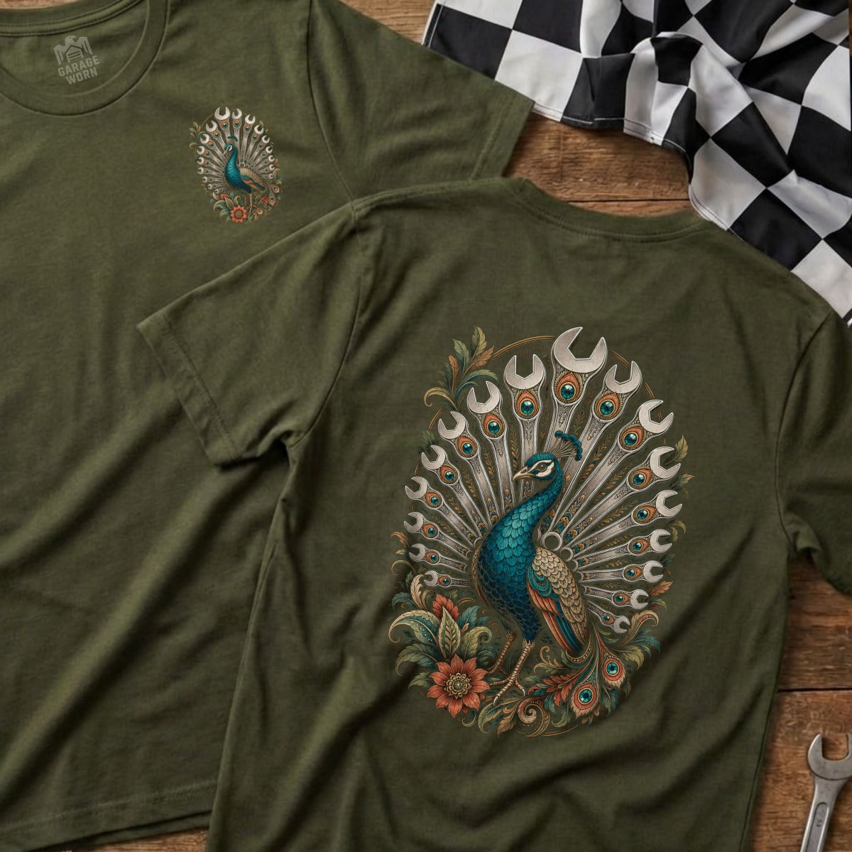Olive green t-shirt with a peacock design made of wrenches.