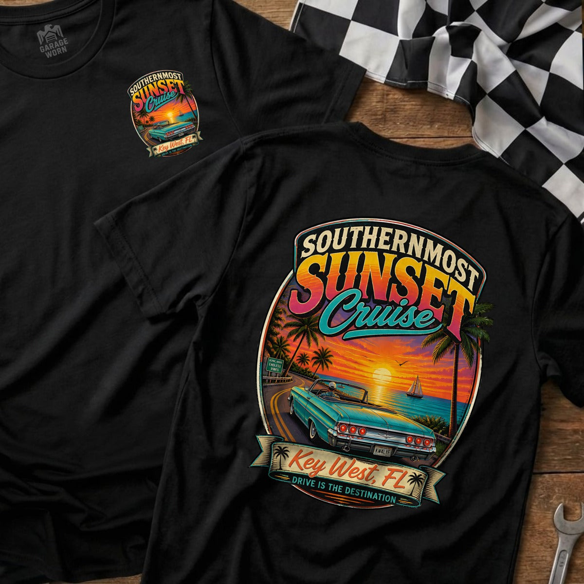 Black t-shirt with "Southernmost Sunset Cruise Key West, FL" graphic.