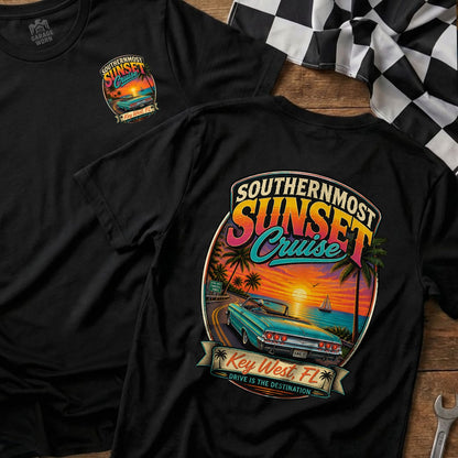 Black t-shirt with "Southernmost Sunset Cruise Key West, FL" graphic.